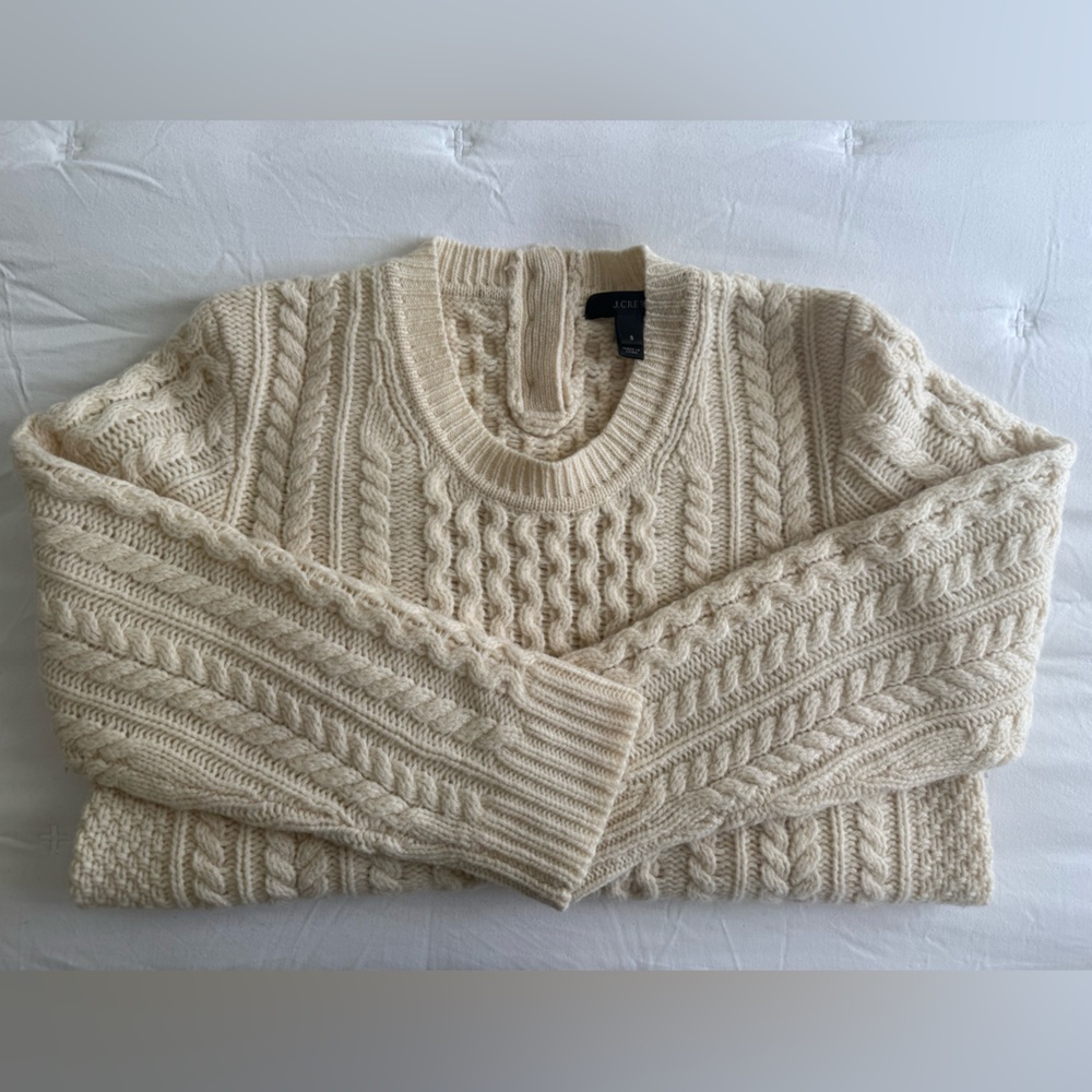 J Crew Fisherman Cream Wool Sweater Size Small